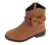 Girls Side Zip Western Boots with Bow Decor Braided Detail Kids Ankle Boots Riding Ankle Boots Low Heel Zipper Kids Winter Boots 32, brown, 12 UK Child