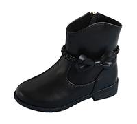 Girls Side Zip Western Boots with Bow Decor Braided Detail Kids Ankle Boots Riding Ankle Boots Low Heel Zipper Kids Winter Boots 32, black, 9/10 UK Child