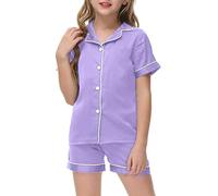 Girls Silk Pajamas Set Short Sleeve Sleepwear 2 Piece Button Down Loungewear Classic Kids Outfit Comfortable Nightwear (Light Purple, 4-5 Years)
