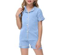 Girls Silk Pajamas Set Short Sleeve Sleepwear 2 Piece Button Down Loungewear Classic Kids Outfit Comfortable Nightwear (Light Blue, 8-9 Years)
