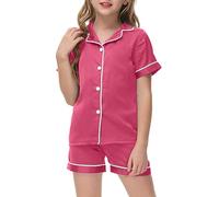 Girls Silk Pajamas Set Short Sleeve Sleepwear 2 Piece Button Down Loungewear Classic Kids Outfit Comfortable Nightwear (4-5 Years) Hot Pink