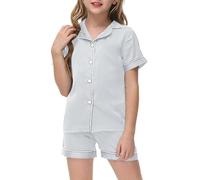 Girls Silk Pajamas Set Short Sleeve Sleepwear 2 Piece Button Down Loungewear Classic Kids Outfit Comfortable Nightwear (Grey, 8-9 Years)