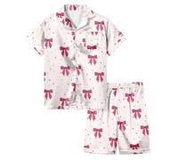 Girls Silk Pyjamas Bowknot Printed Loungewear Short Sleeve Reversible Collar Satin PJs Sets Button Down Silky Nightwear Children Sleepwear Teens Casual Pajamas Set