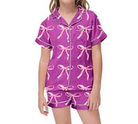 Girls Silk Pyjamas Silk Button-Down Short Pjs Set Teen Girls Collar Short Sleeve Top 2 Piece Bow Knot Print Nightwear Lightweigh Soft Loungewear Children Homewear Age 2-13 (Purple, 10-11 Years)
