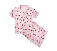 Girls Silk Satin Pajama 2 Sets,Red Lips Print Short Sleeve Button Lapel Shirt and Short Pants Sleepwear Suit,Soft Smooth Nighties Pjs Set,Loungwear Nightgown for Kids Age 5-14 Years