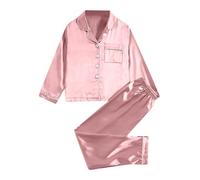 Girl's Silk Satin Sleepwear 2 Sets,Solid Color Long Sleeve Button Lapel Shirt Top with Trousers Pajamas Suit,Nighties Pjs Set,Loungwear Nightgown for Kids Age 8-12 Years Pink