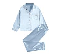 Girl's Silk Satin Sleepwear 2 Sets,Solid Color Long Sleeve Button Lapel Shirt Top with Trousers Pajamas Suit,Nighties Pjs Set,Loungwear Nightgown for Kids Age 8-12 Years Blue