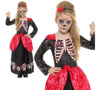 Girls Skeleton Day Of The Dead Bride Costume Halloween Bones Fancy Dress