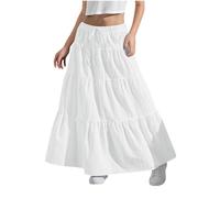 Girls Skirt Beach Boho Casual Festival Summer Skirts Elastic Waist Plain A-Line Long Dress Flowy Swing Ruched Ruffled Tiered Maxi Skirt for Kids 4-15 Years Beige