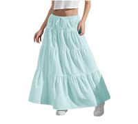 Girls Skirt Beach Boho Casual Festival Summer Skirts Elastic Waist Plain A-Line Long Dress Flowy Swing Ruched Ruffled Tiered Maxi Skirt for Kids 4-15 Years Blue