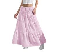 Girls Skirt Beach Boho Casual Festival Summer Skirts Elastic Waist Plain A-Line Long Dress Flowy Swing Ruched Ruffled Tiered Maxi Skirt for Kids 4-15 Years Pink