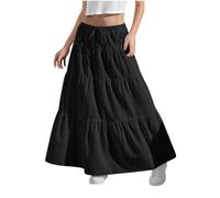 Girls Skirt Beach Boho Casual Festival Summer Skirts Elastic Waist Plain A-Line Long Dress Flowy Swing Ruched Ruffled Tiered Maxi Skirt for Kids 4-15 Years Black