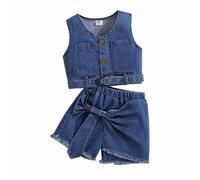 Girls' Skirt Sets Two Piece Outfits Denim Jeans Sleeveless Button Down Crop Vest and Pleated Mini Girls' Shorts Sets (Blue, 5-6 Years)