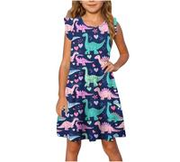 Girls Sleeveless Crew Neck Floral Vest Dresses for Women UK Knee Length Ruffle Hem Peplum Casual Loose Fit Swing Dress Funny Cute Dinosaur Print Beach Dresses Beach Navy1 9 Years