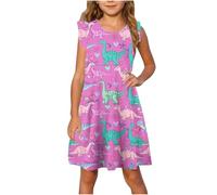 Girls Sleeveless Crew Neck Floral Vest Dresses for Women UK Knee Length Ruffle Hem Peplum Casual Loose Fit Swing Dress Funny Cute Dinosaur Print Beach Dresses Beach Pink1 7 Years
