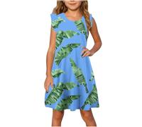 Girls Sleeveless Crew Neck Floral Vest Dresses for Women UK Knee Length Ruffle Hem Peplum Casual Loose Fit Swing Dress Funny Cute Dinosaur Print Beach Dresses Beach Blue4 13 Years