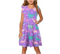 Girls Sleeveless Crew Neck Floral Vest Dresses for Women UK Knee Length Ruffle Hem Peplum Casual Loose Fit Swing Dress Funny Cute Dinosaur Print Beach Dresses Beach Purple1 13 Years