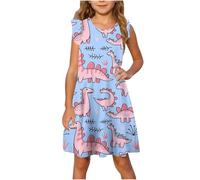 Girls Sleeveless Crew Neck Floral Vest Dresses for Women UK Knee Length Ruffle Hem Peplum Casual Loose Fit Swing Dress Funny Cute Dinosaur Print Beach Dresses Beach Blue2 5 Years