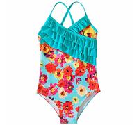 Girls Sleeveless Romper Bodysuit Swimwear Adjustable Crisscross Spaghetti Strap 1 Piece Bikini Swimwear Ruffle Floral Print Jumpsuit Swimsuit Summer Beach Surfing Bathing Suit (Mint Green, 6-7 Years)