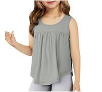 Girls Sleeveless T Shirt Plain Crewneck Smocked Tops Round Hem Personalized Tee for Teens Solid Color Sports Clothes School Athletic Crop Top for Kids Blouse (Grey, 9-10 Years)