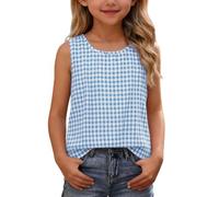 Girls' Sleeveless Tank Top Cotton Linen Blend, Gingham Round Neck Lightweight Breathable Slim Fit Vest, Layering Camisole Base Layer for Summer Holiday Beach Casual Outings, Age 5-14 Years
