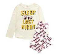 Girls Slogan Glitter Print Leggings & Long Sleeve Top Pyjama Set (Sleep Is So Last Night - Cream Top, 13 Years (Mislabelled 14-16))