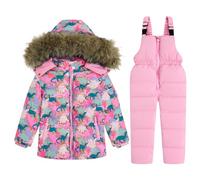 Girls Snowsuit Set Ski Suits, 2-Piece Winter Puffer Down Jacket and Snow Bib Pants Ultralight Outfits Set Rose 2-3 Years