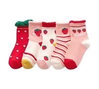 Girls Socks,5 Pairs Kids Mid-Calf Socks,Strawberry Pattern Pink Socks,Cotton Breathable Socks,School Socks,Sports Ankle Socks for Children 0-14 Years Toddler to Junior,Kids Gifts