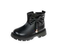 Girls' Solid Bow Side-Zip Boots - Flat Winter Ankle Boots，Waterproof Leather Look School Uniform Non-Slip Warm Short Boot