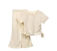 Girls Solid Color Drawstring Short Sleeve Flared Pants Two Set Cute Things Little Girls (Beige, 5-6 Years)
