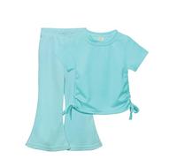 Girls Solid Color Drawstring Short Sleeve Flared Pants Two Set Cute Things Little Girls (Blue, 12-18 Months)