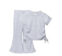 Girls Solid Color Drawstring Short Sleeve Flared Pants Two Set Cute Things Little Girls (GY1, 3-4 Years)