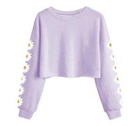Girl's Solid Color Round Neck Chrysanthemum Long Sleeve Short Top Fashion Pullover Casual Hoodie Kids Crop Tops Girls Tee Shirts Cute Fashion Sweatshirt (Purple, 4-5 Years)