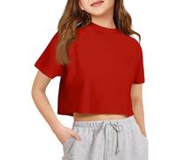 Girls Solid Colour Cropped T Shirt Short Sleeve Crew Neck Casual Top, Soft Everyday Basic Tee for Ages 1-10 Years Perfect for School Playdates Summer Red