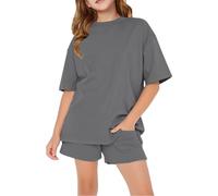 Girls Solid Short Sleeve Set Simple and Fashionable Printed Trendy Crewneck 2PCS Toddler Loose Sports Shorts Two Piece Crop Top Sets for Toddler Girls Plain Tshirts (Dark Gray, 12-13 Years)