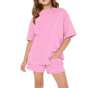 Girls Solid Short Sleeve Set Simple and Fashionable Printed Trendy Crewneck 2PCS Toddler Loose Sports Shorts Two Piece Crop Top Sets for Toddler Girls Plain Tshirts (Pink, 11-12 Years)