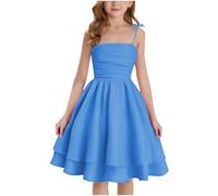 Girl's Spaghetti Strap Dresses Clearance Pleated Dress Tween Girls Ruched Princess Dresses Casual Swing Flowy Dress Summer Sleeveless Sundress Cute Elegant Prom Gown for Birthday Party Wedding Blue