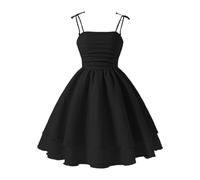 Girls Spaghetti Strap Smocked Dress Layered Beach A-Line Midi Dresses Swing Dress Tween Flowy Boho Summer Dresses Casual Midi for Birthday Party Wedding Prom Gown (A-Black, 12 Years)