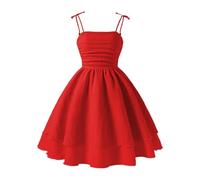 Girls Spaghetti Strap Smocked Dress Layered Beach A-Line Midi Dresses Swing Dress Tween Flowy Boho Summer Dresses Casual Midi for Birthday Party Wedding Prom Gown (A-Red, 8 Years)
