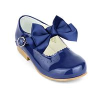 Girls Spanish Style Mary Jane Bow Shoes Shiny Patent Navy Size UK1 Older Child