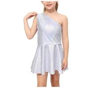 Girls Sparkle Sequin Dress One Shoulder Flared Skirt Party Dance Costume Shiny Performance Outfit Sleeveless Asymmetric Crew Neck Mini Bodycon Long Sleeve Glitter Toddler Kids Silver