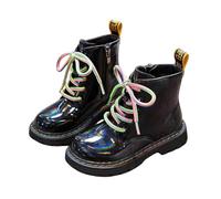 Girls' Sparkling School Ankle Boots With Zipper, Kids Fleece Lined Patent Faux Pu Leather Booties Winter Warm Buckle Short Boots Chunky Flat Heels Walking Footwear
