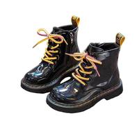 Girls' Sparkling School Ankle Boots With Zipper, Kids Fleece Lined Patent Faux Pu Leather Booties Winter Warm Buckle Short Boots Chunky Flat Heels Walking Footwear