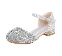 Girls' Sparkly Rhinestone Mary Jane Shoes, Low Heel Glitter Ballet Flats with Ankle Strap, Comfortable Princess Dress Shoes for Weddings, Parties and Special Occasions
