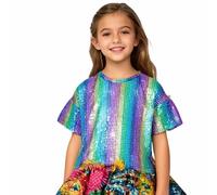 Girls Sparkly Sequin Performance Top Short Sleeve Dance Shirt Glitter Stage Costume Tee for Kids Show and Party Wear Toddler Girl Carnival Jumper 60s Fancy Dress Boys Pink Sparkle