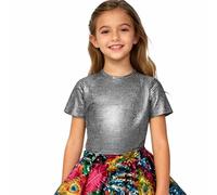Girls Sparkly Sequin Performance Top Short Sleeve Dance Shirt Stage Costume Glitter Tee for Kids Show Long T