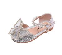 Girls Sparkly Shoes Butterfly Pearl Crystal Bling Princess Footwear with Buckle Strap Soft Sole Loose Fit Casual Flat Sandals Toddlers Kids Birthday Prom Cosplay Dance Shoes Silver