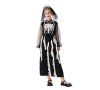 Girls Spooky Skeleton Zombie Ghost Bride 2-Piece Set Halloween Costume | Zombie Bride Dress Grey Flower Tulle Veil Headpiece, Skeleton-Print, for Halloween Cosplay, Girls Halloween Costume