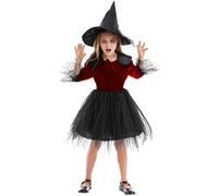 Girls Spooky Spider Witch Halloween Costume A link Feather Tutu Dress with Hat and Glove Black Witch Costumes Elegant Gothic Lace Fancy Dress World Book Day Carnival Performance Cosplay (M)