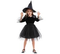 Girls Spooky Spider Witch Halloween Costume A link Feather Tutu Dress with Hat and Glove Black Witch Costumes Elegant Gothic Lace Fancy Dress World Book Day Carnival Performance (Black, XS)